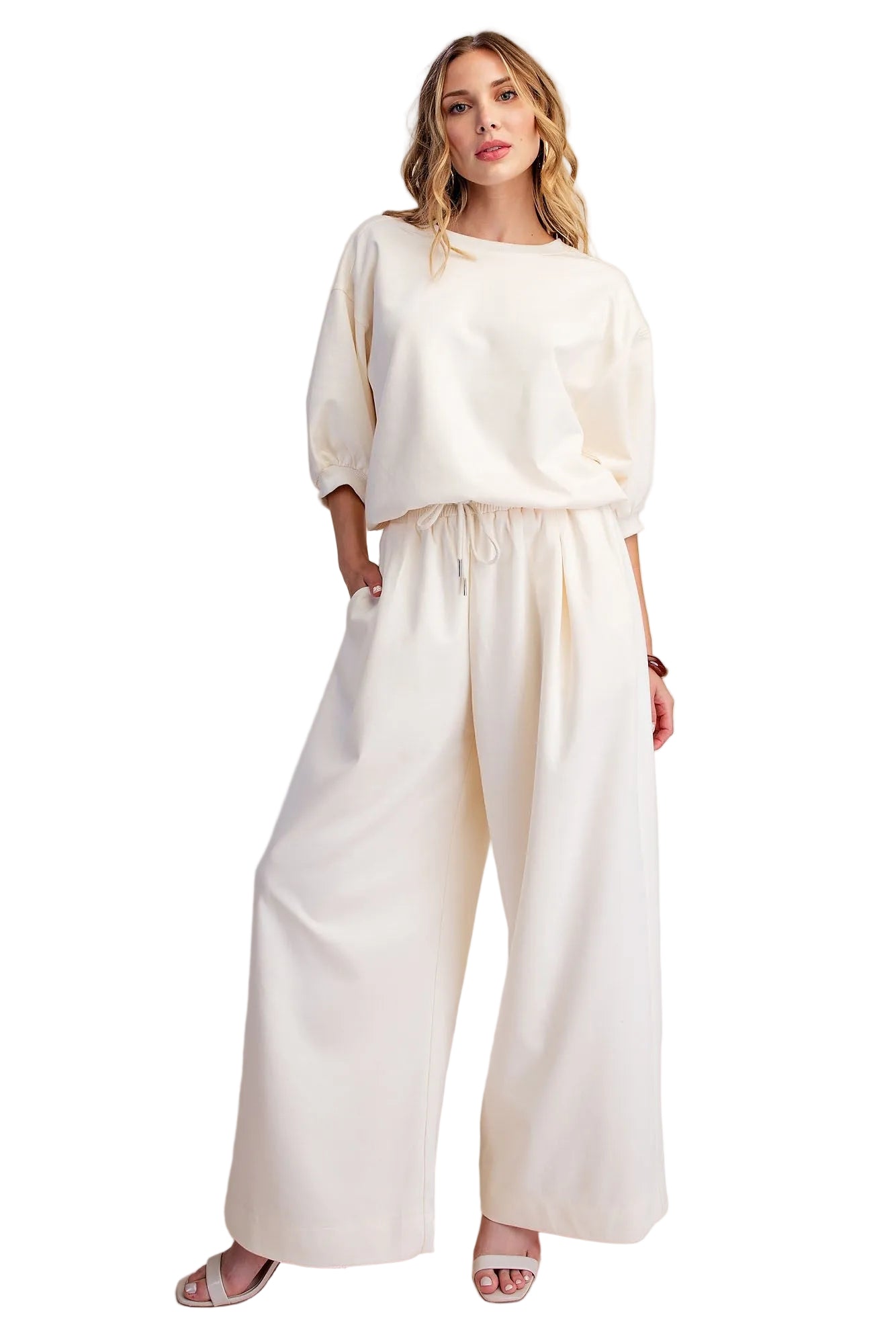 Glam Women's Ivory Pullover Sweatshirt with Bubble Sleeve