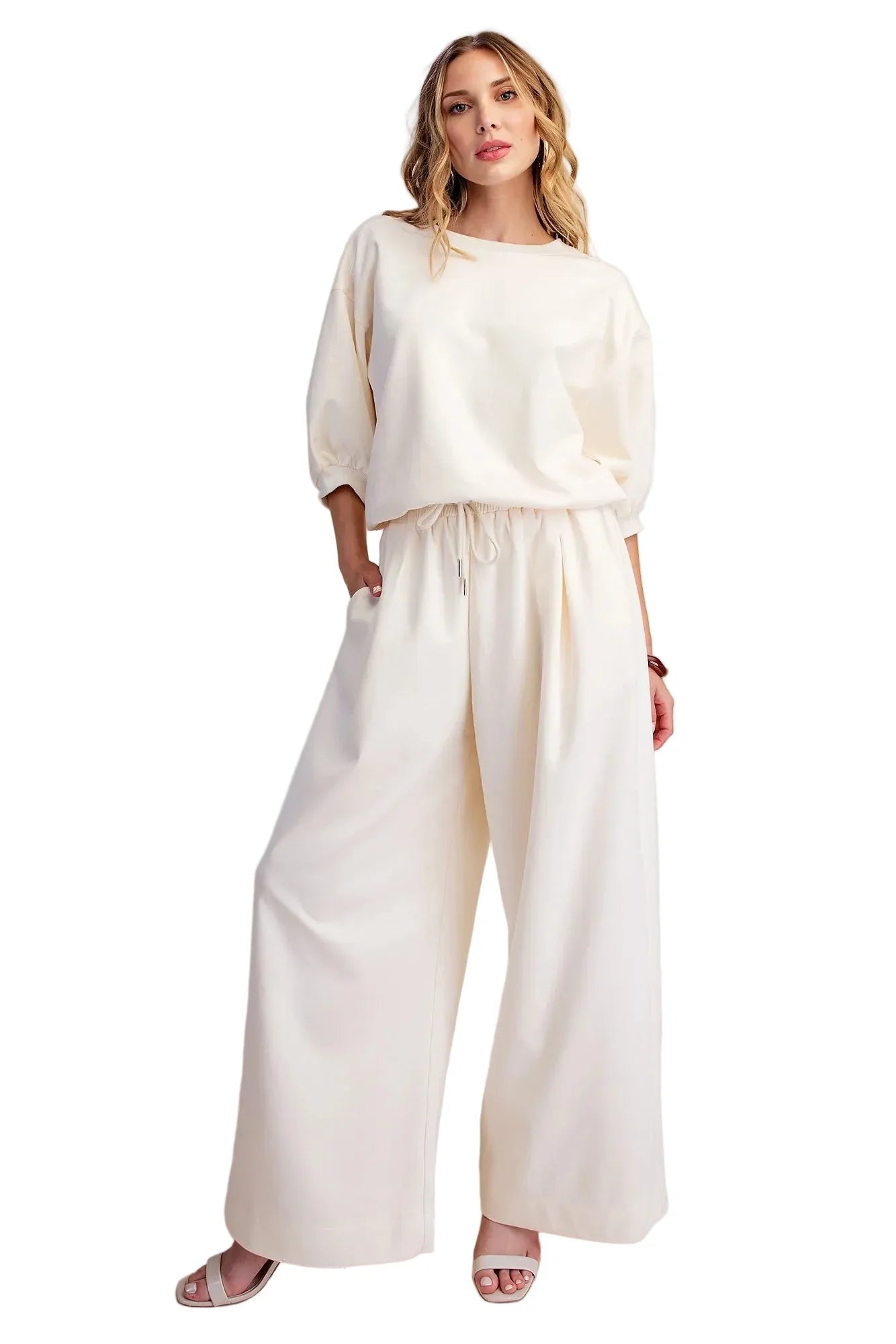 Glam Women's Ivory Pullover Sweatshirt with Bubble Sleeve