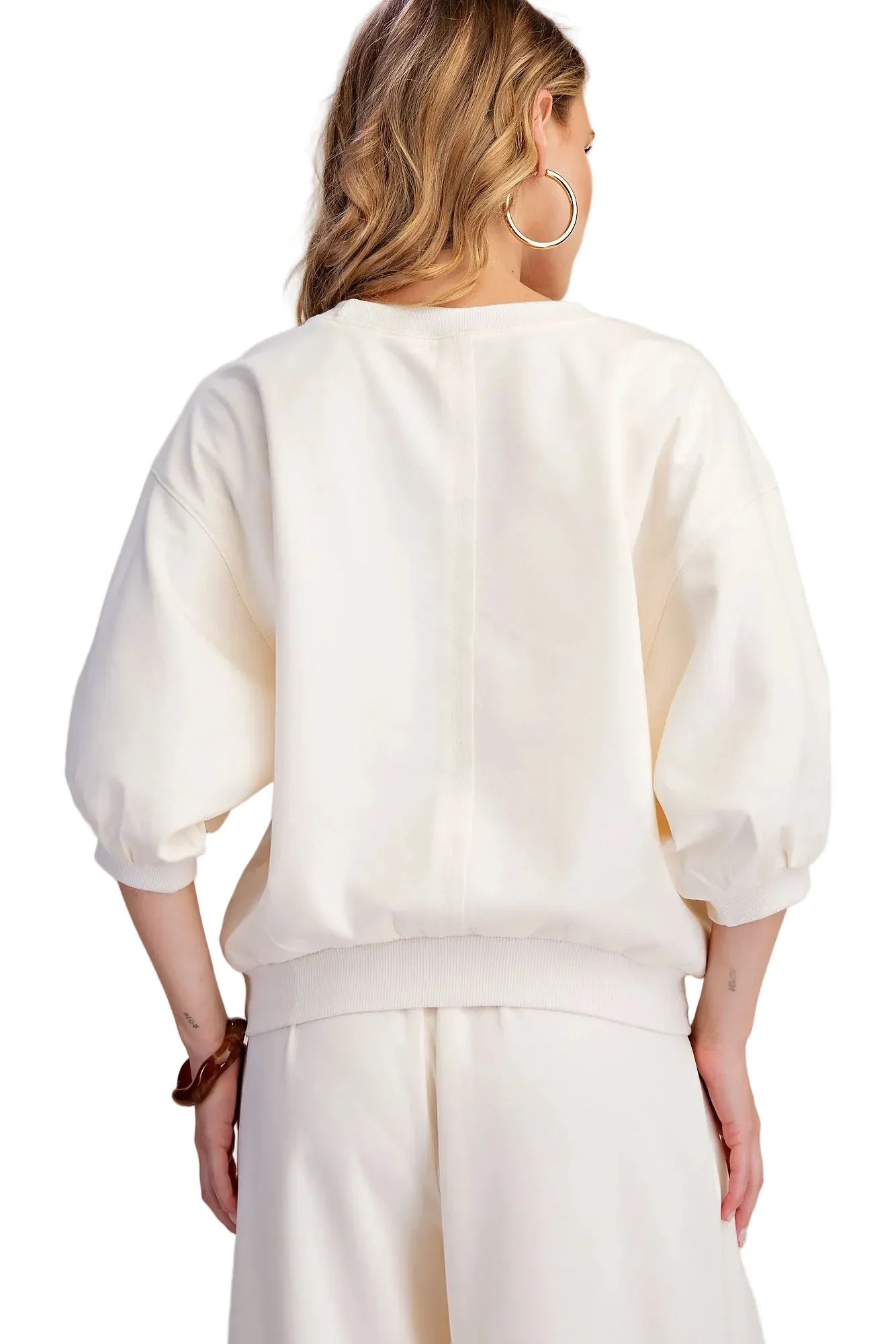 Glam Women's Ivory Pullover Sweatshirt with Bubble Sleeve