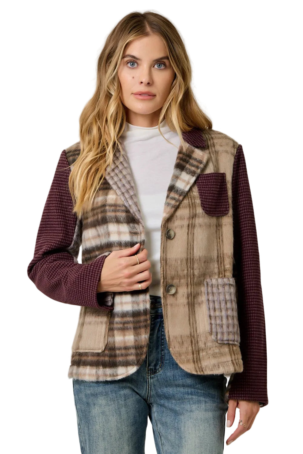 Mystree Women's Latte Plaid Mixed Sport Coat
