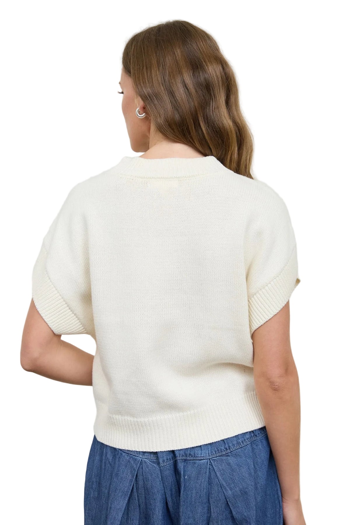 Blu Pepper Women's Cream Teddy Bear Jacquard Short Sleeve Knit Sweater