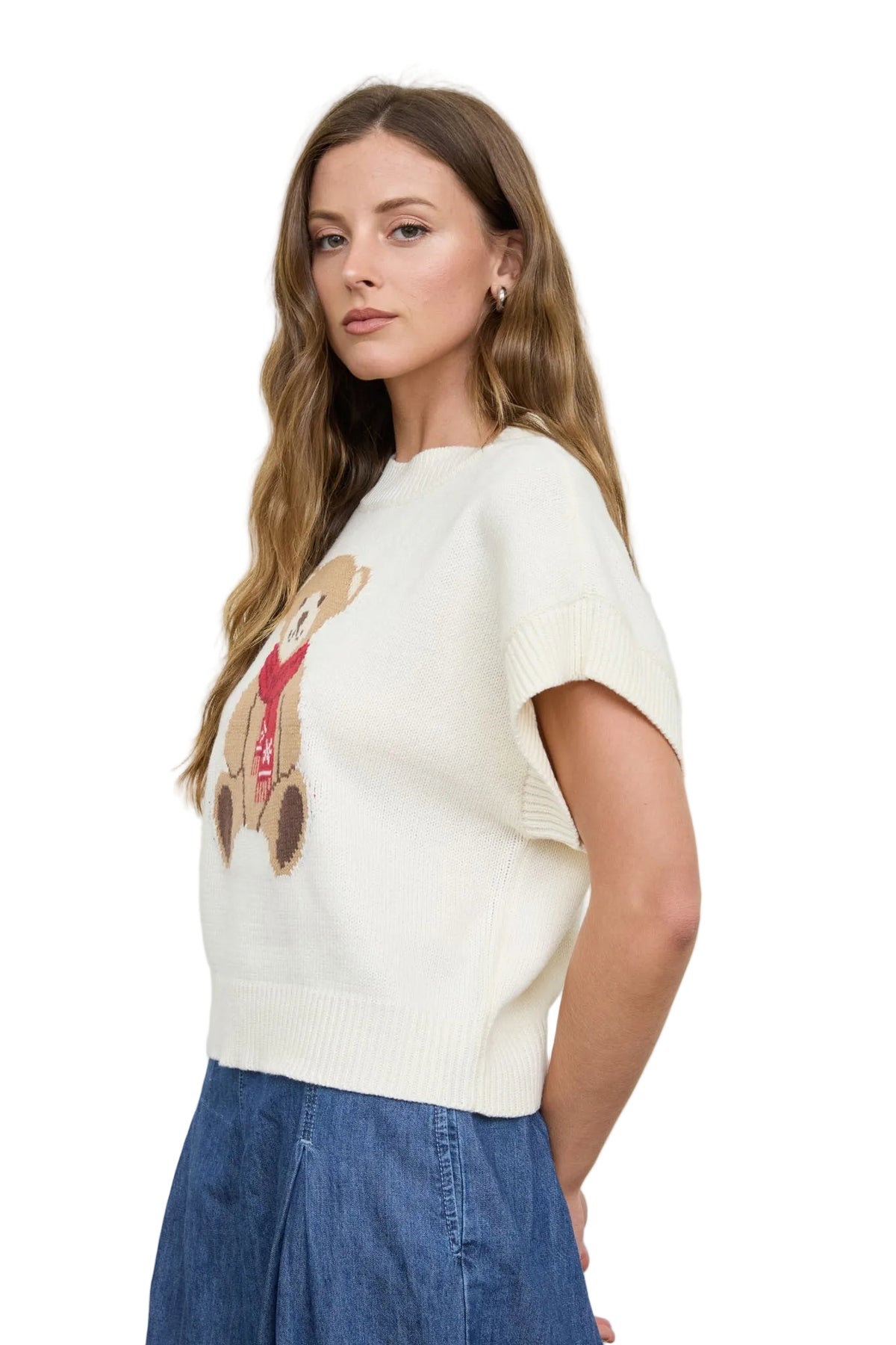 Blu Pepper Women's Cream Teddy Bear Jacquard Short Sleeve Knit Sweater