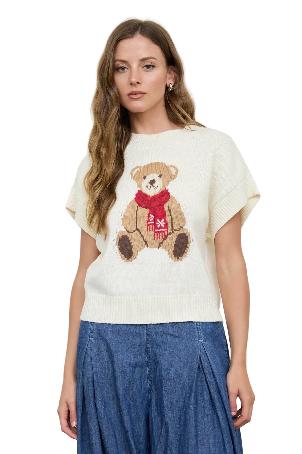 Blu Pepper Women's Cream Teddy Bear Jacquard Short Sleeve Knit Sweater