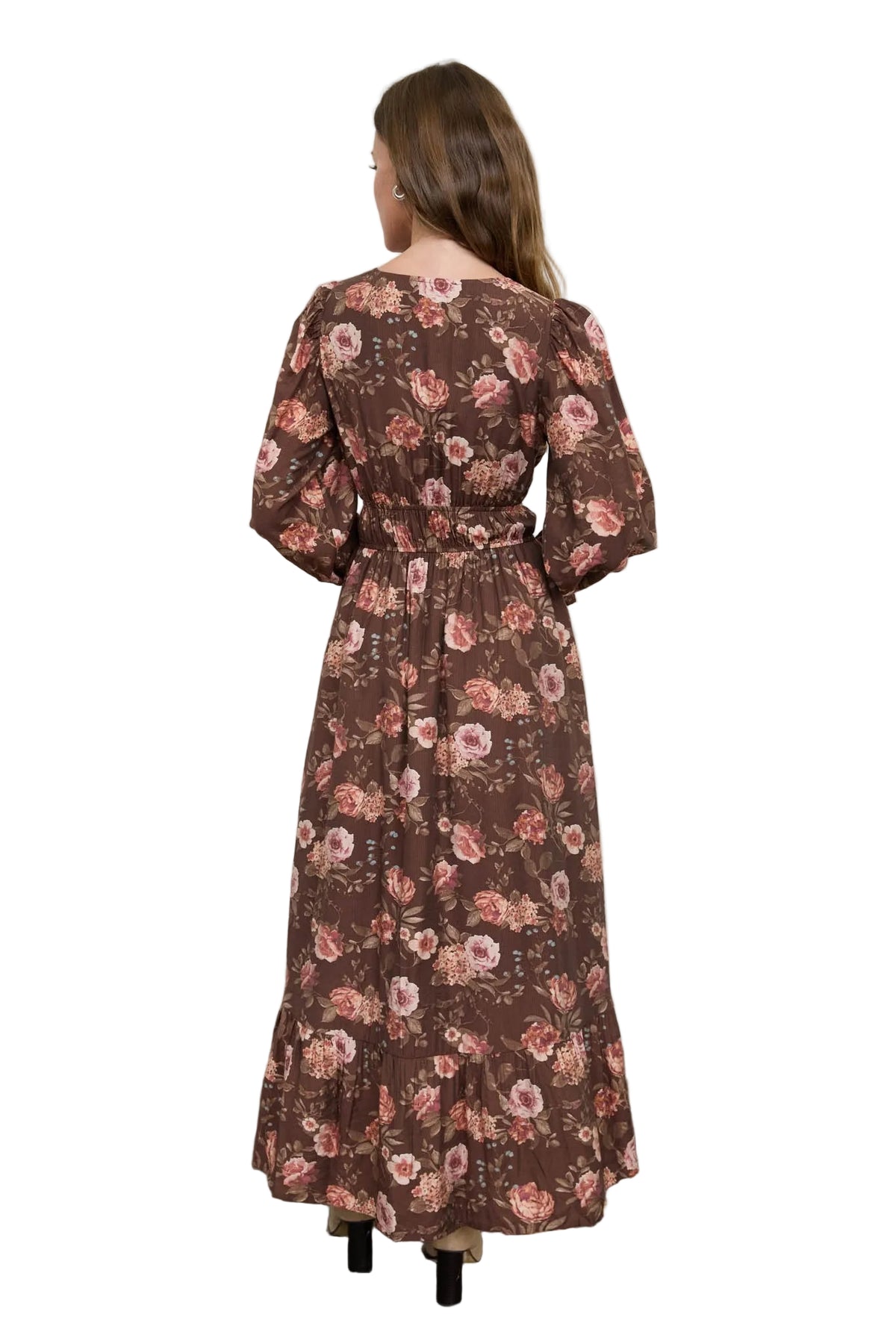 Blu Pepper Dark Brown Multi Floral V Neck Long Sleeve Ruffle Trim Midi Dress
