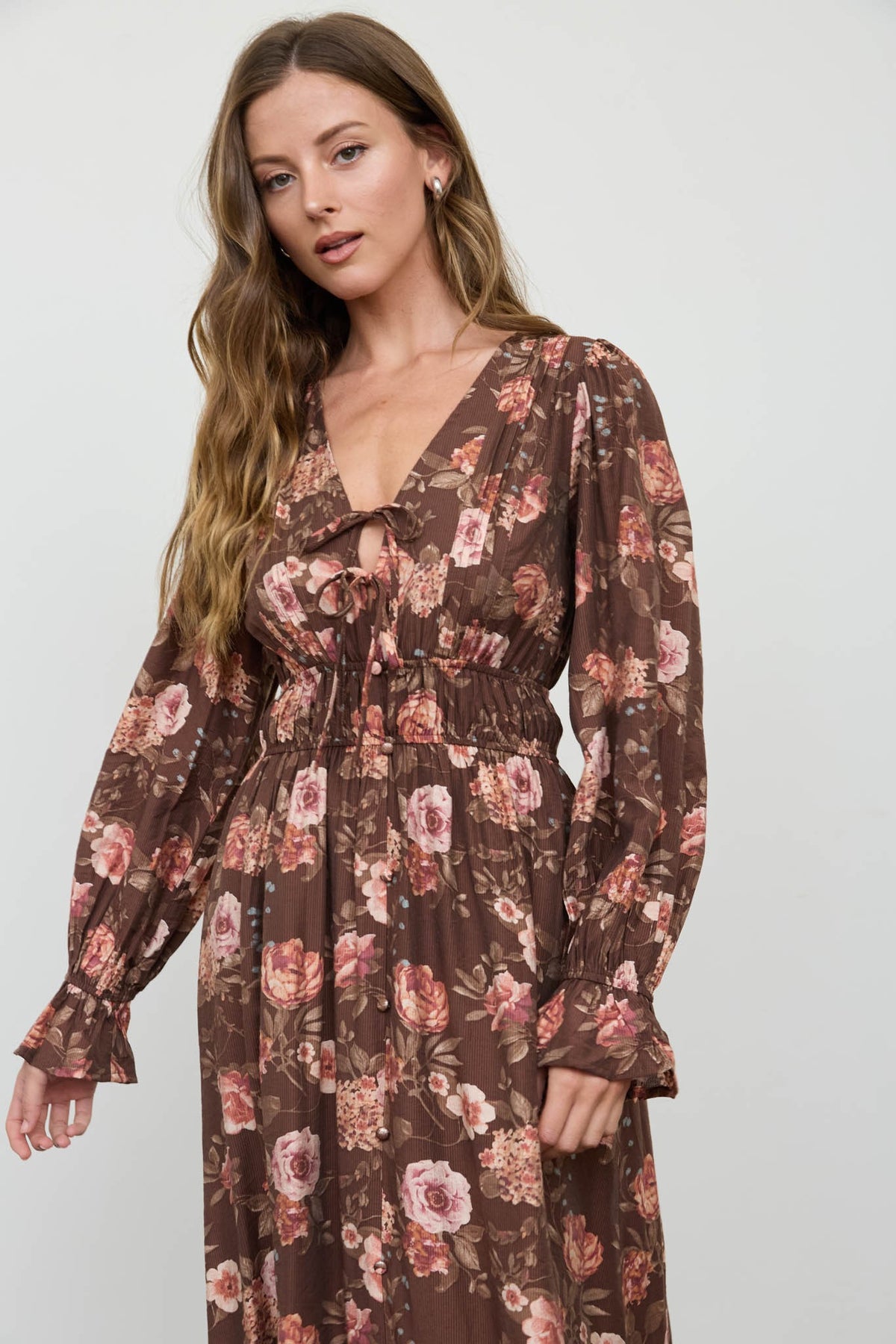 Blu Pepper Dark Brown Multi Floral V Neck Long Sleeve Ruffle Trim Midi Dress