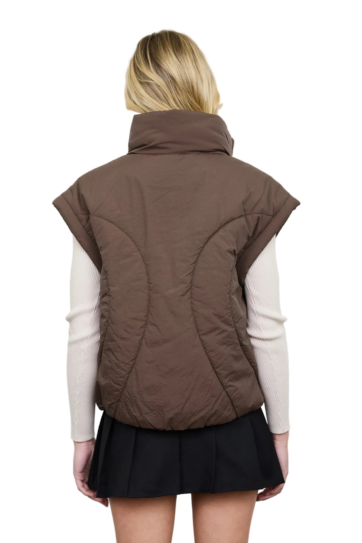 Blu Pepper Women's Chocolate Brown Sculpted Panel Quilted Mock Neck Puffer Vest