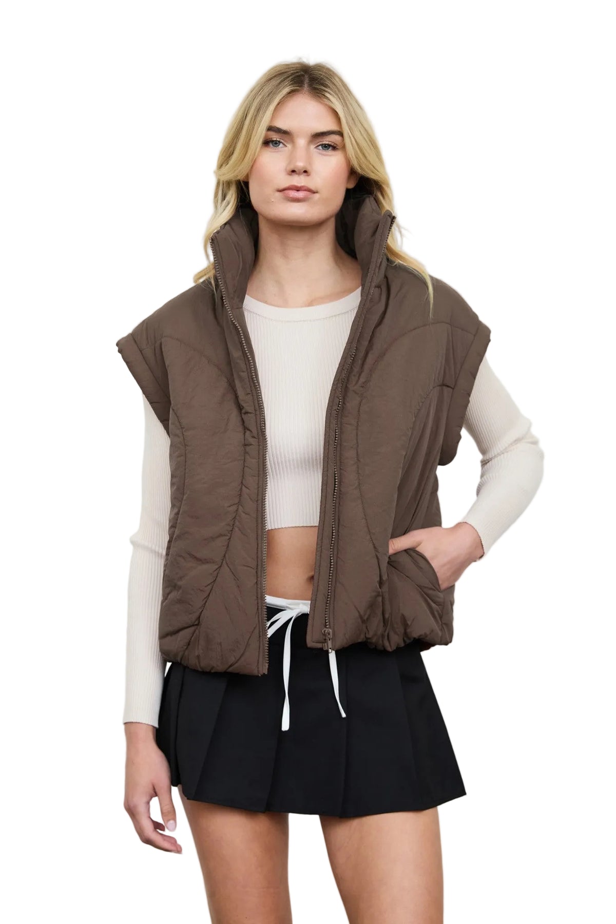Blu Pepper Women's Chocolate Brown Sculpted Panel Quilted Mock Neck Puffer Vest