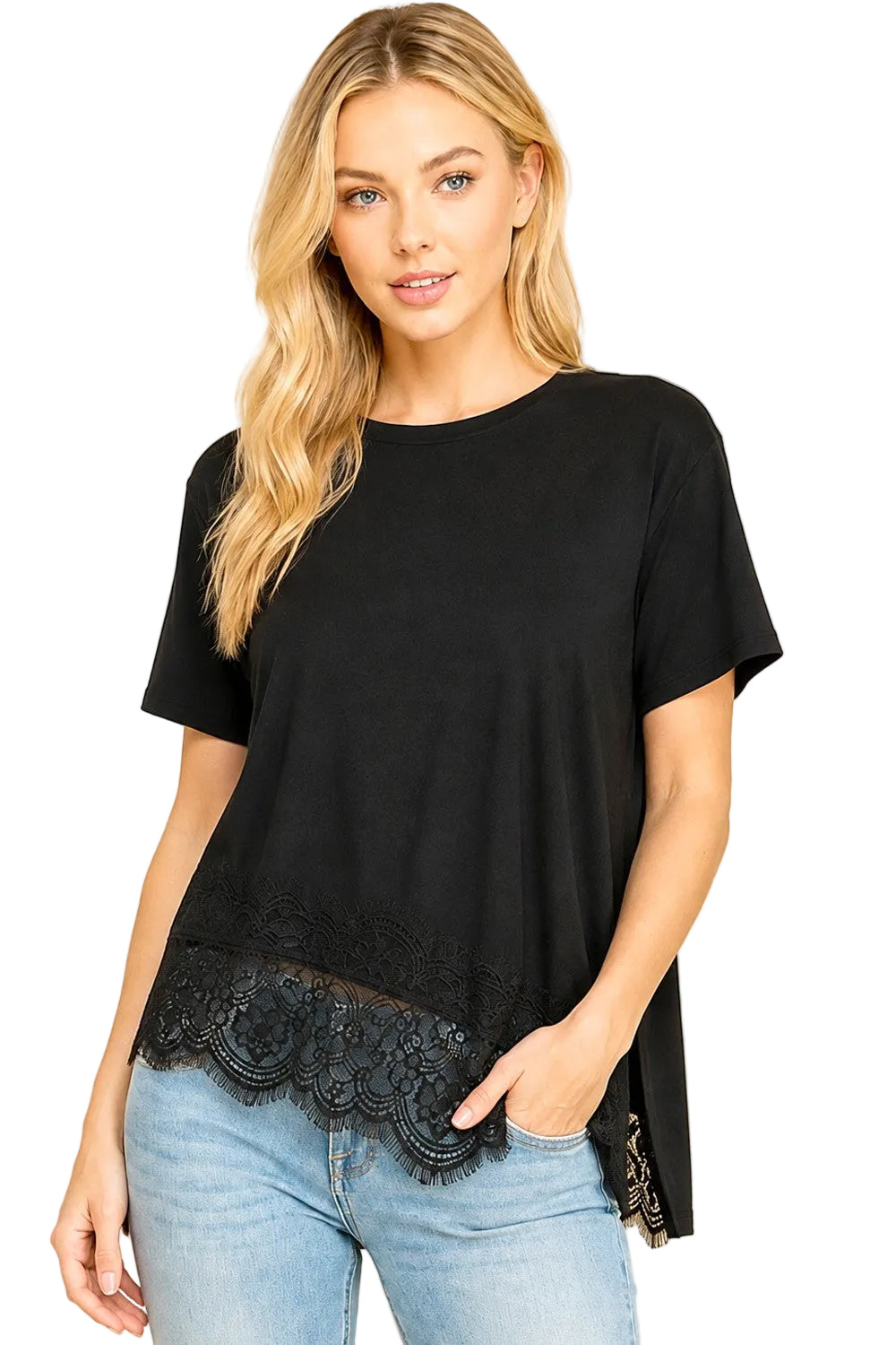 Women's Black Asymmetrical Lace Trim Top