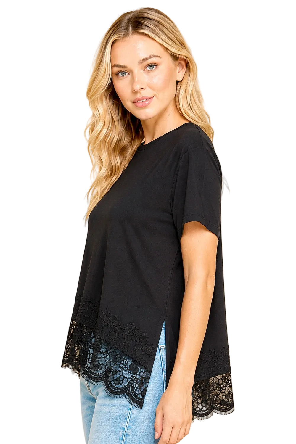 Women's Black Asymmetrical Lace Trim Top