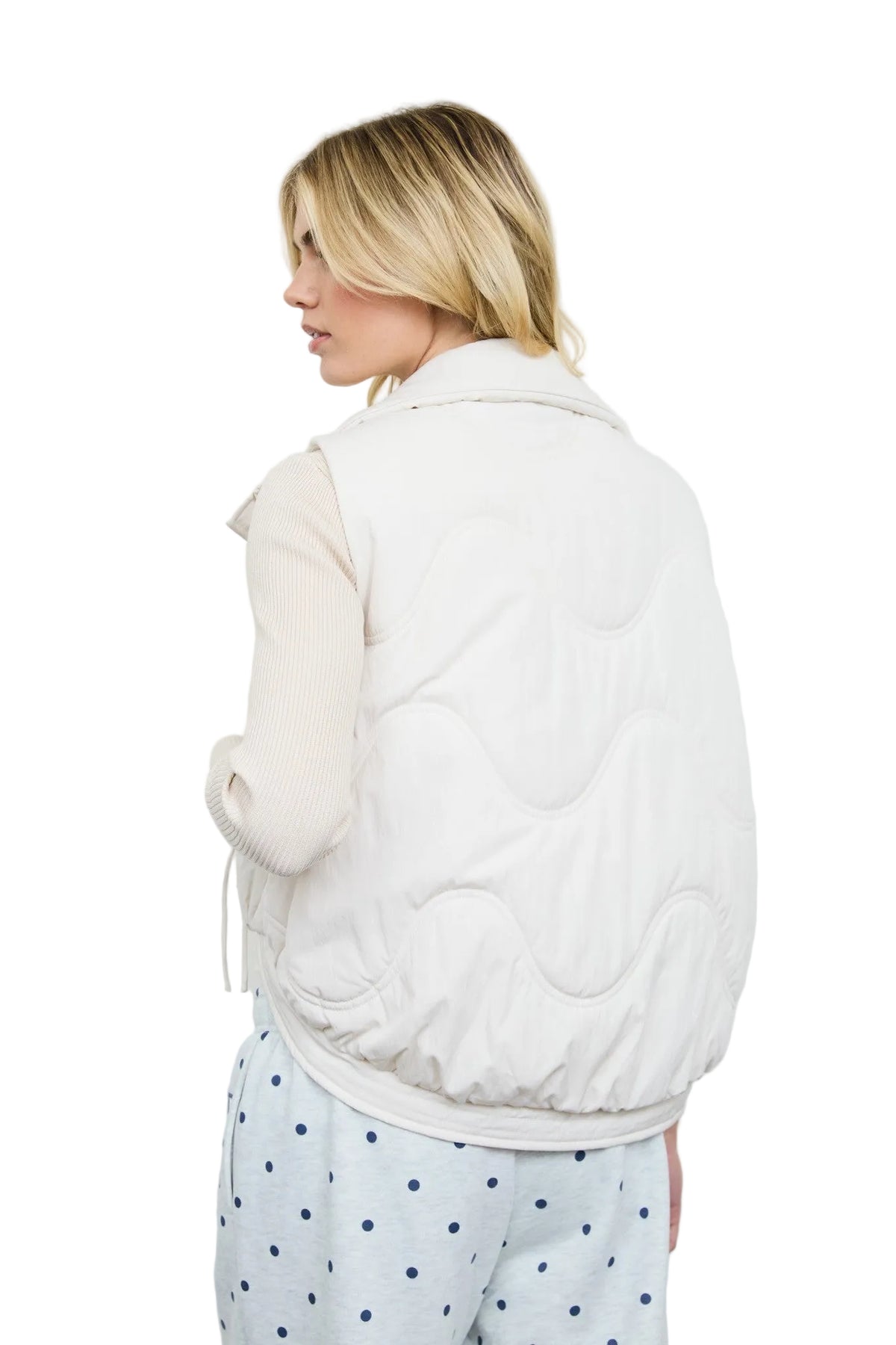 Blu Pepper Ivory Wave Quilted Snap-front Stand Collar Vest