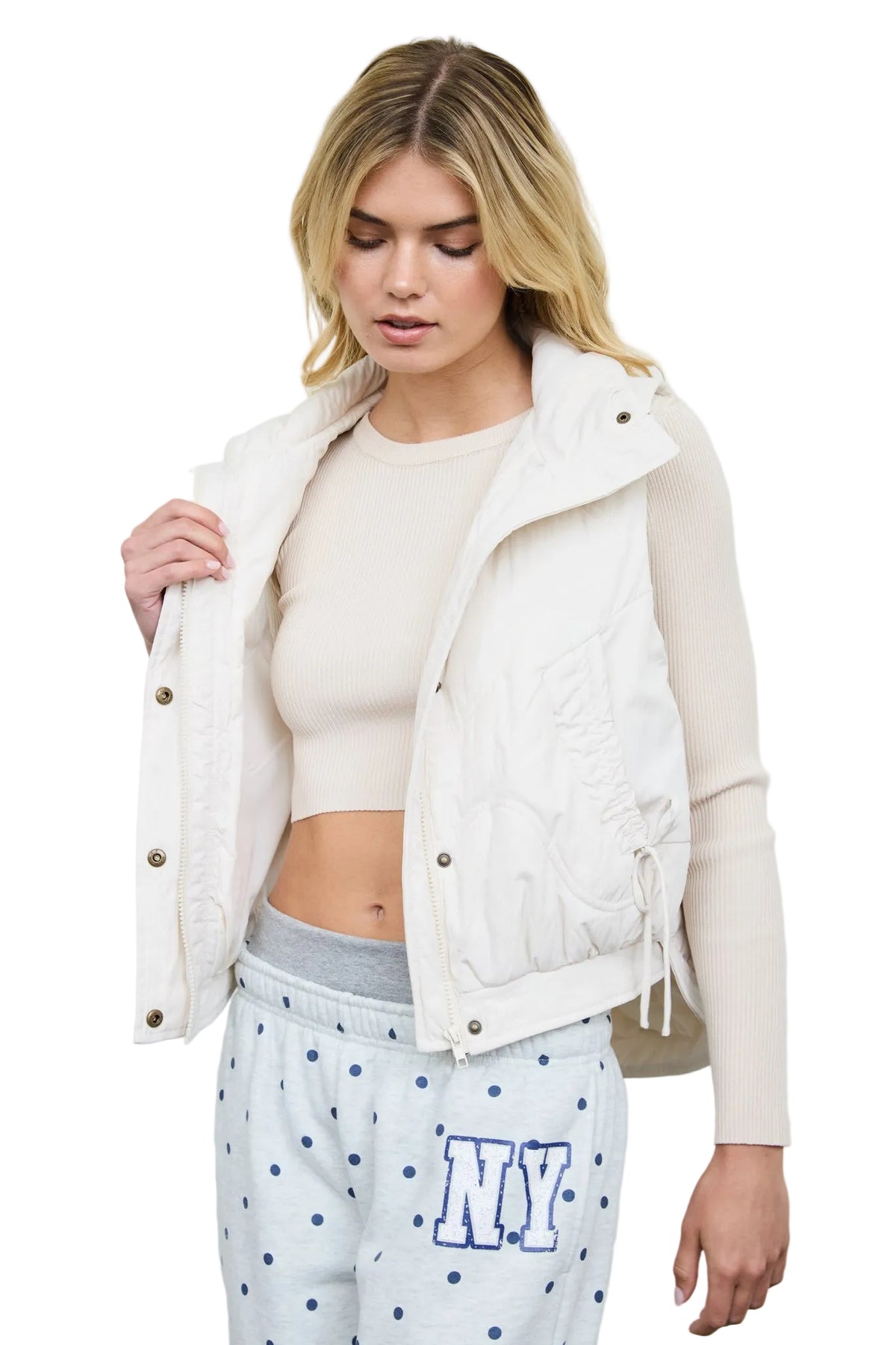 Blu Pepper Ivory Wave Quilted Snap-front Stand Collar Vest