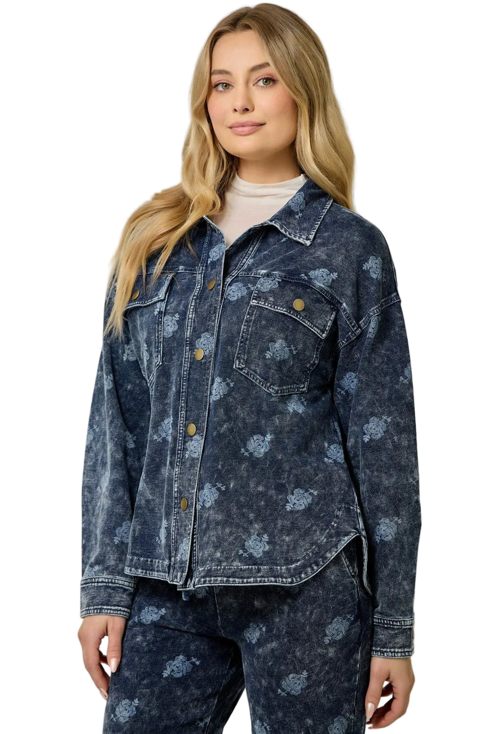Mystree Women's Deep Blue Printed Knit Denim Shacket
