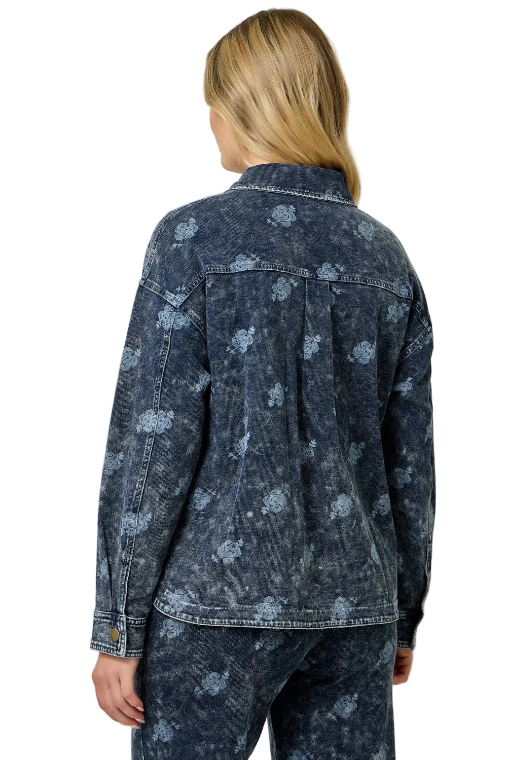Mystree Women's Deep Blue Printed Knit Denim Shacket