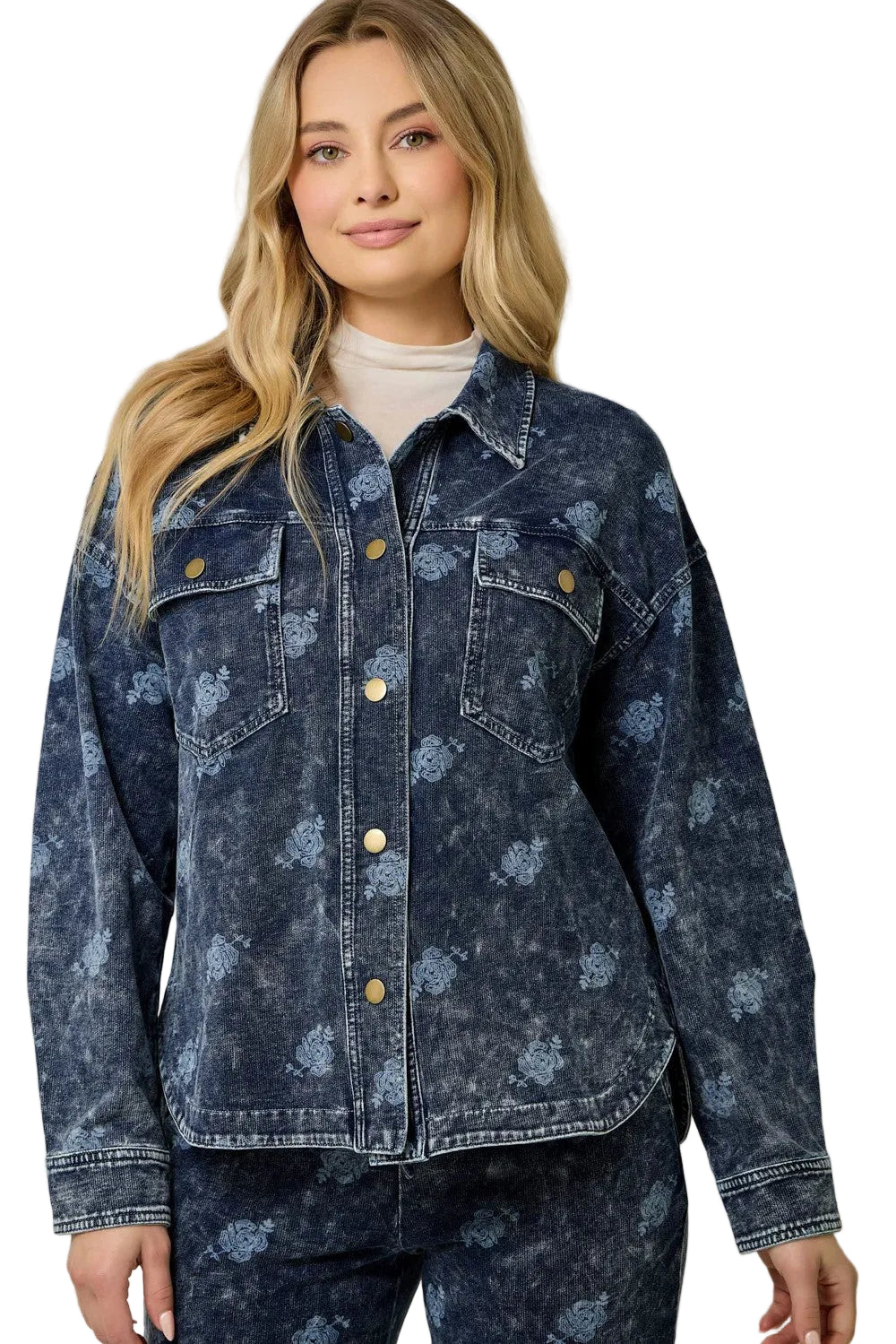 Mystree Women's Deep Blue Printed Knit Denim Shacket