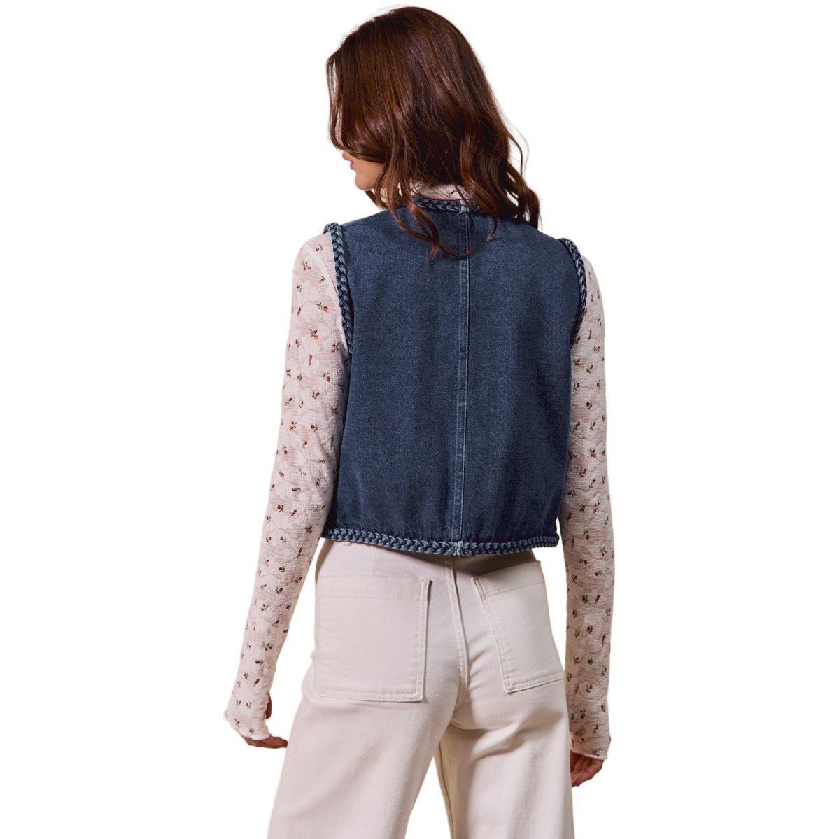 Women's Front Pockets Braided Trim Denim Vest ST3097E-01