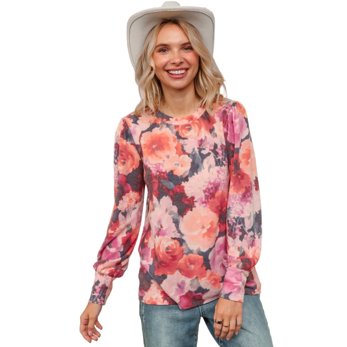 Women's Plus Round Neck Floral Brushed Hacci Knit Top HT4487DX