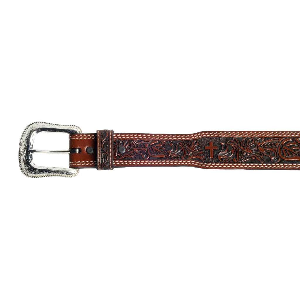 Men's Cowboy Chrome Brown Belt with Floral and Cross Tooling 2725