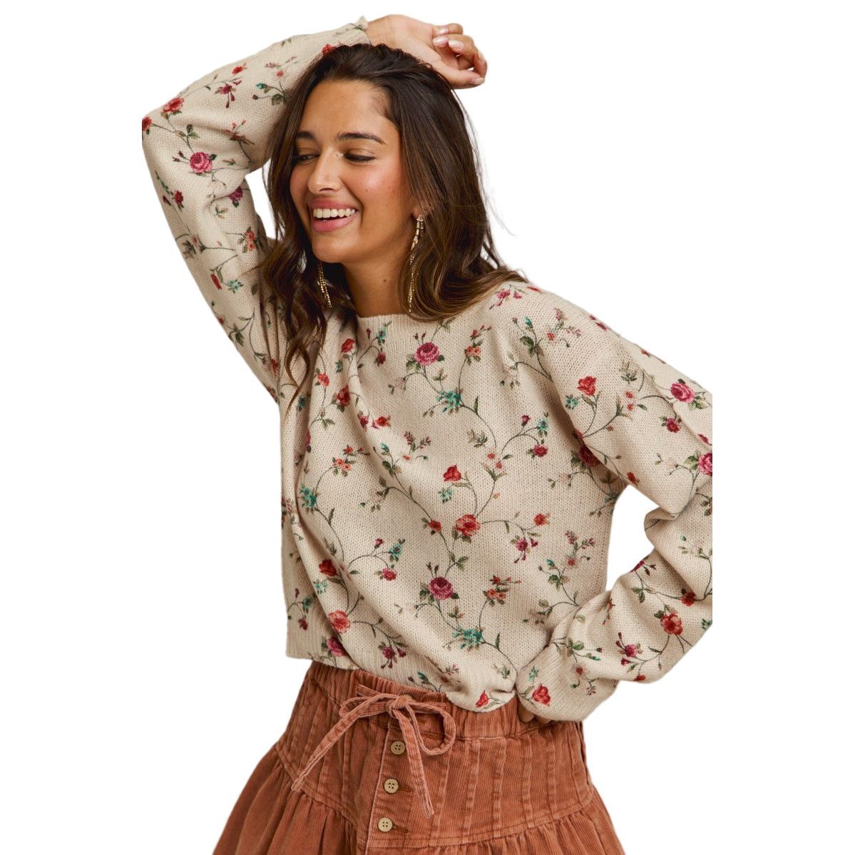 Women's Floral Print Crewneck Sweater Knit Top ST3678F-01
