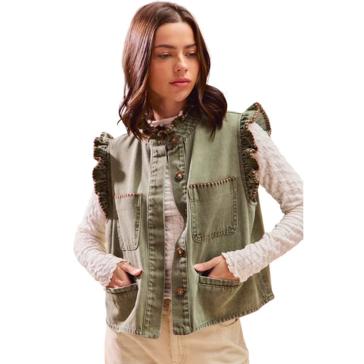 Women's Olive Washed Denim Stitch Ruffled Hidden Button Vest Top