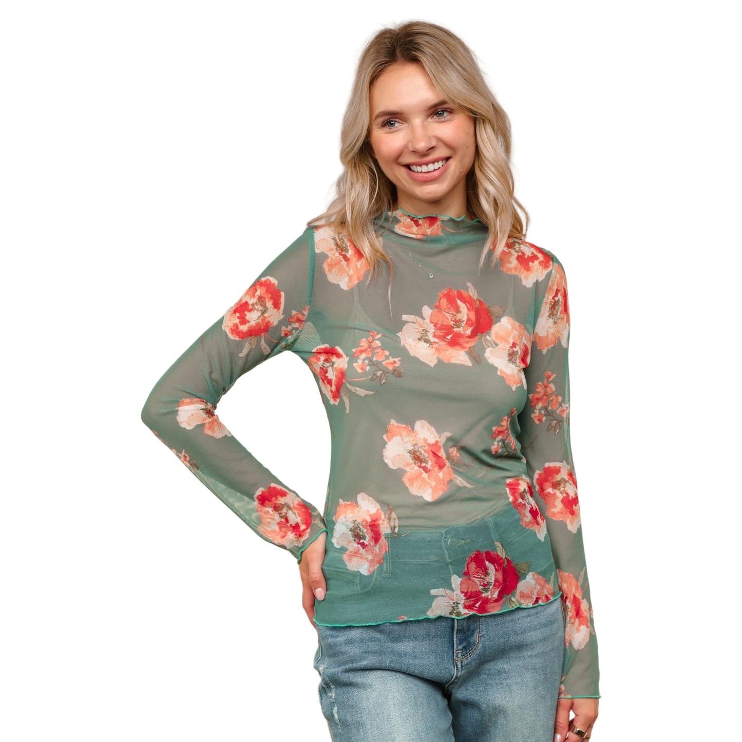 Women's High Neck Semi Sheer Top HT7090C