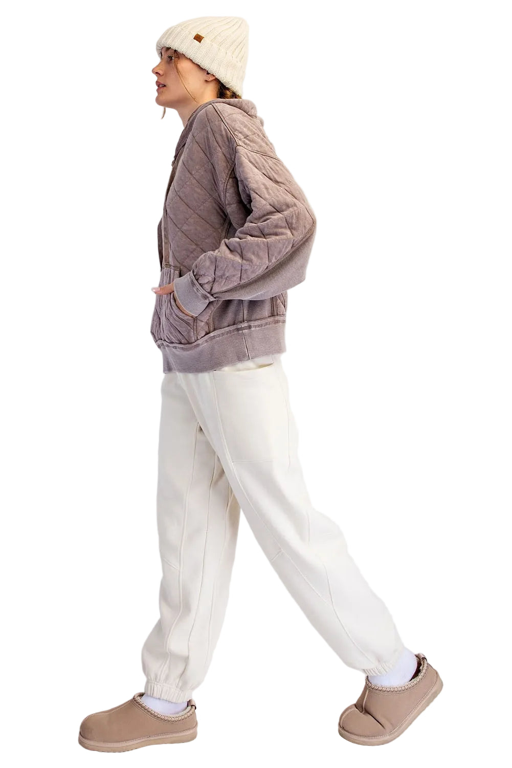 Rae Mode Women's Mocha Mineral Washed Quilt Quarter Zip Hoodie