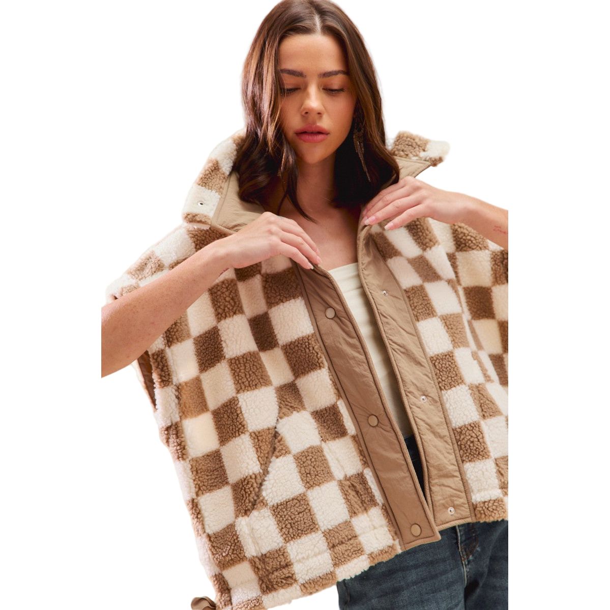 Women's Oversized Sherpa Fleece Checker Vest Jacket ST2049F