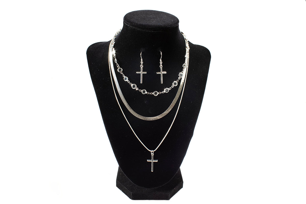 Women's Blazin Roxx 3 Chain Silver Necklace with Earrings 301000836