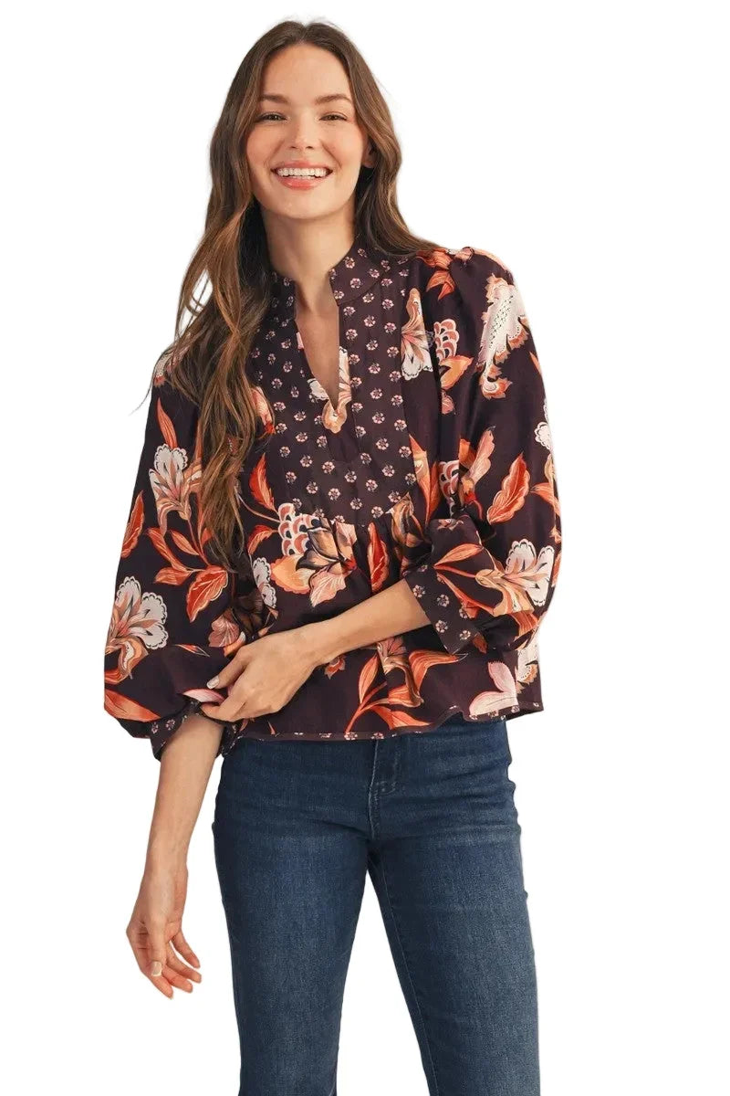 Women's Jodifl Brown Puff Sleeves Floral Fabric Mix Top