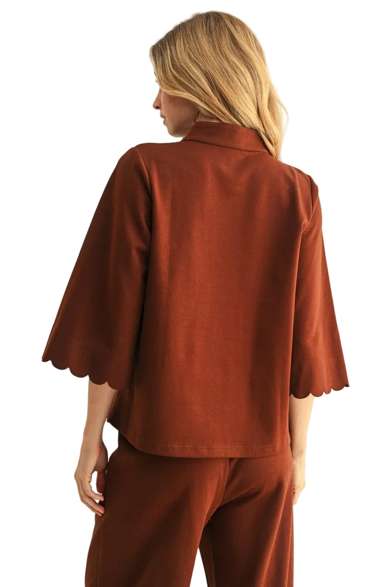 Jodifl Women's Brown Scallop Edge Detail Solid Top
