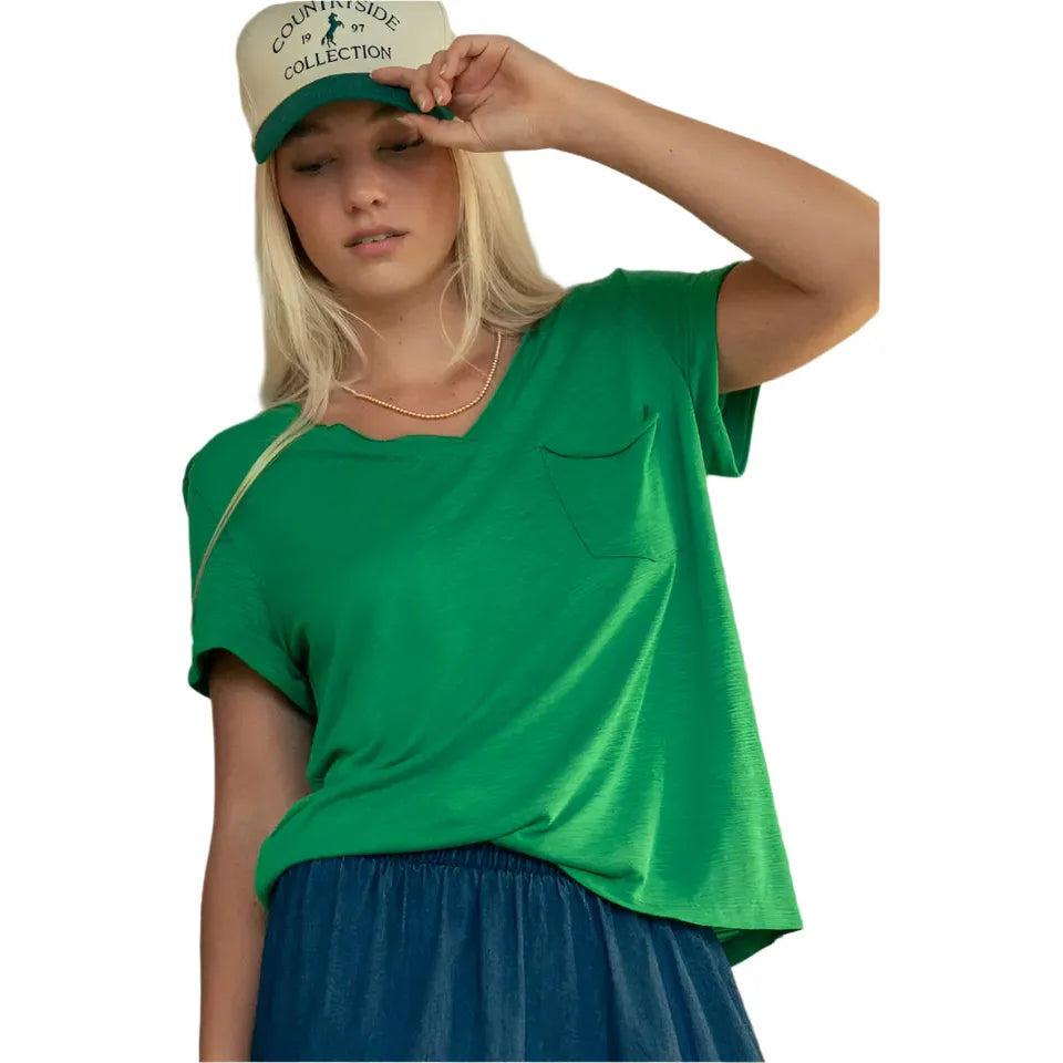 Women's Rolled Sleeve V-neck Pocket T-shirt UDTH5534T - Crazy House Western Wear