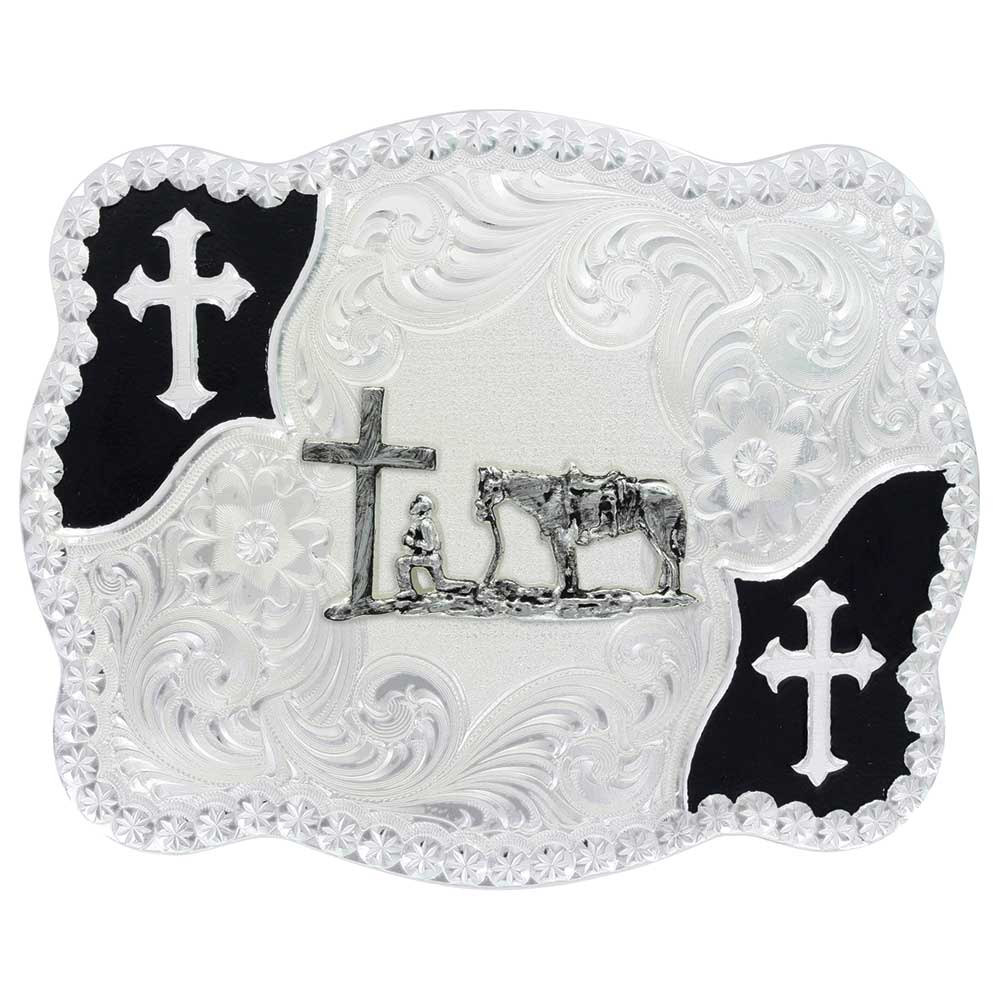 Men's Montana Silversmiths Christian Flourish Scallop Shape Belt Buckle With Christian Cowboy 3611-731M