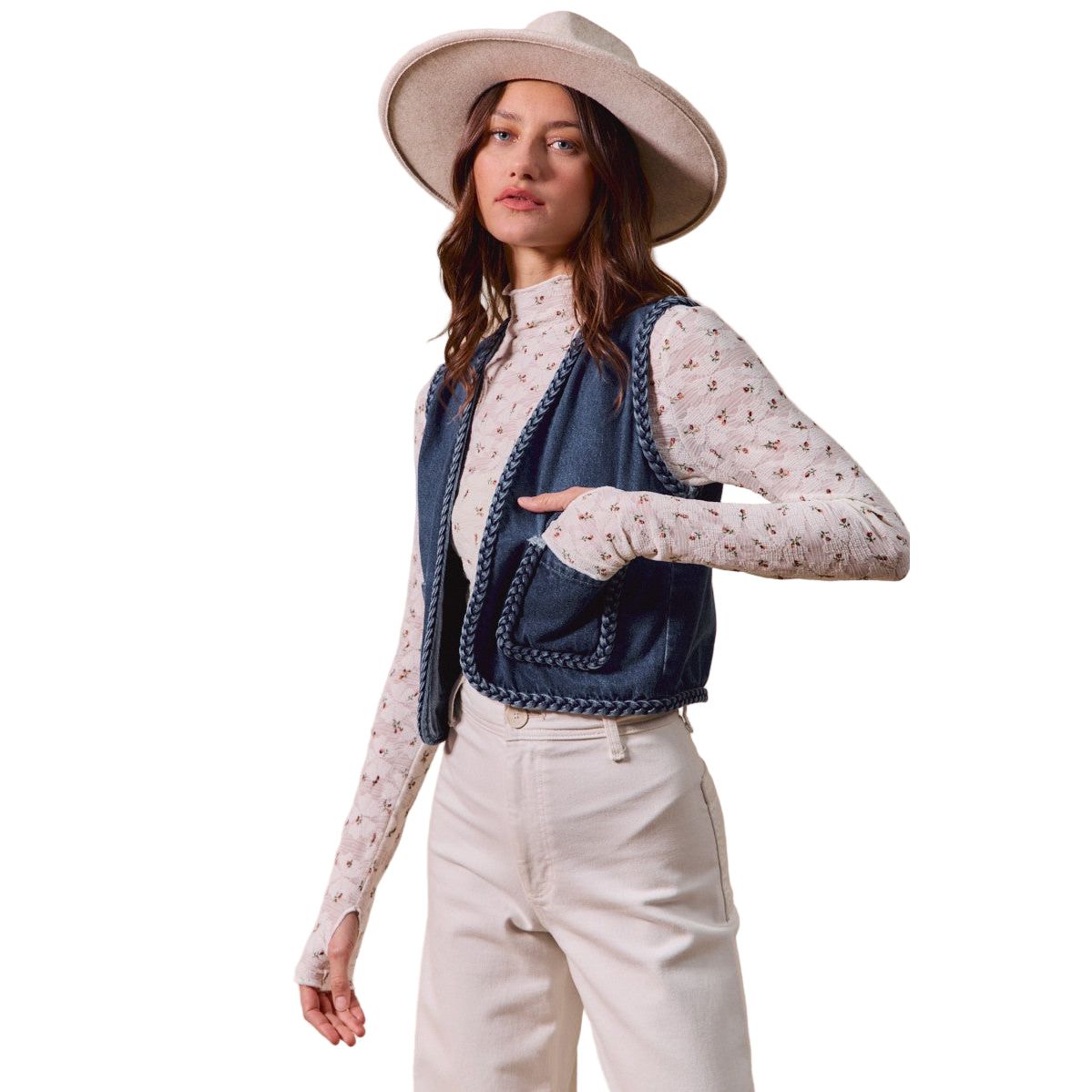 Women's Front Pockets Braided Trim Denim Vest ST3097E-01