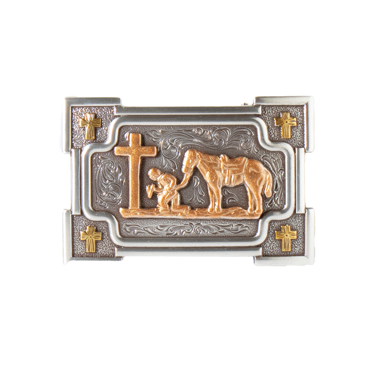 Men's Nocona Rectangle Praying Cowboy Silver and Copper Belt Buckle 37032