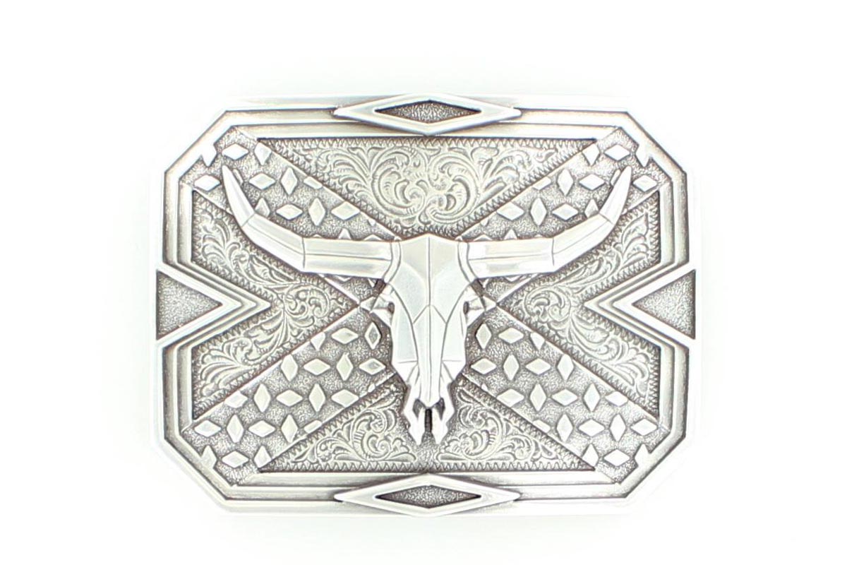 Men's Nocona Silver Longhorn Skull Rectangle Belt Buckle 37680