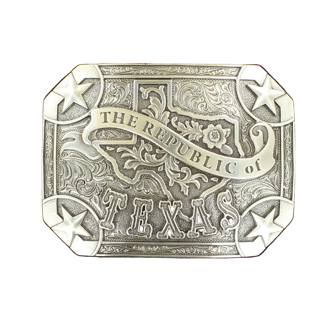 Men's Rectangle Silver "The Republic of Texas" Engraved belt buckle 37983