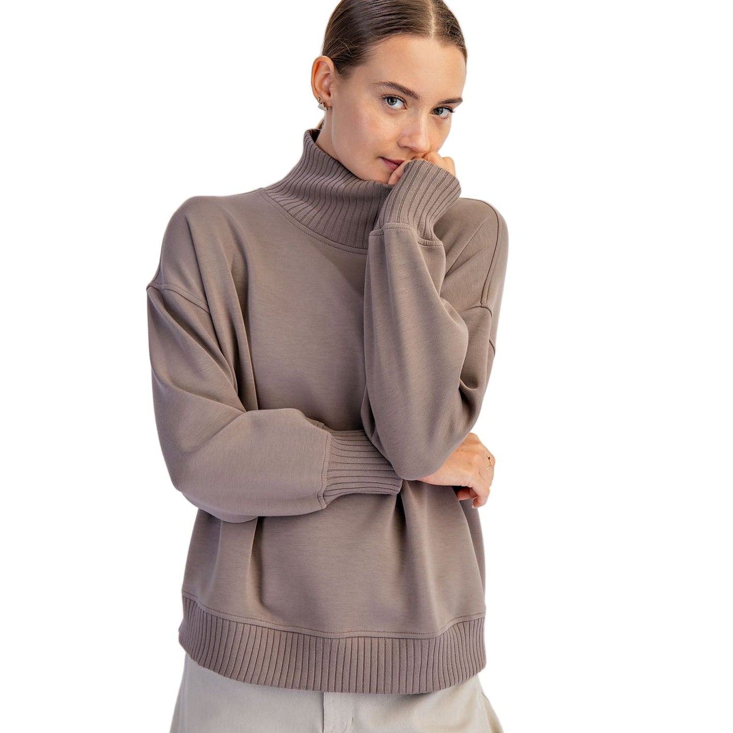 Women's Modal Scuba Ribbed Mock Neck Pullover T0043
