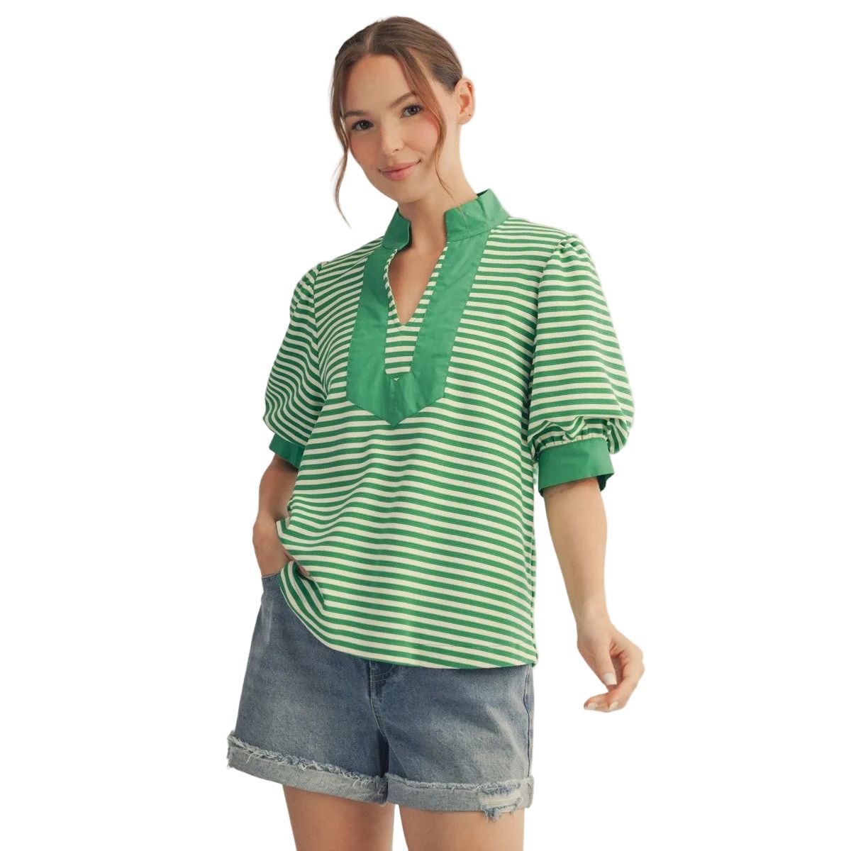 Women's Jodifl Solid Contrast Detail Striped Top B13435-1