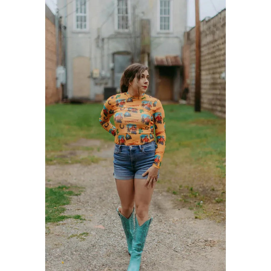 Women's Vintage Cowboy Mesh Top - Crazy House Western Wear