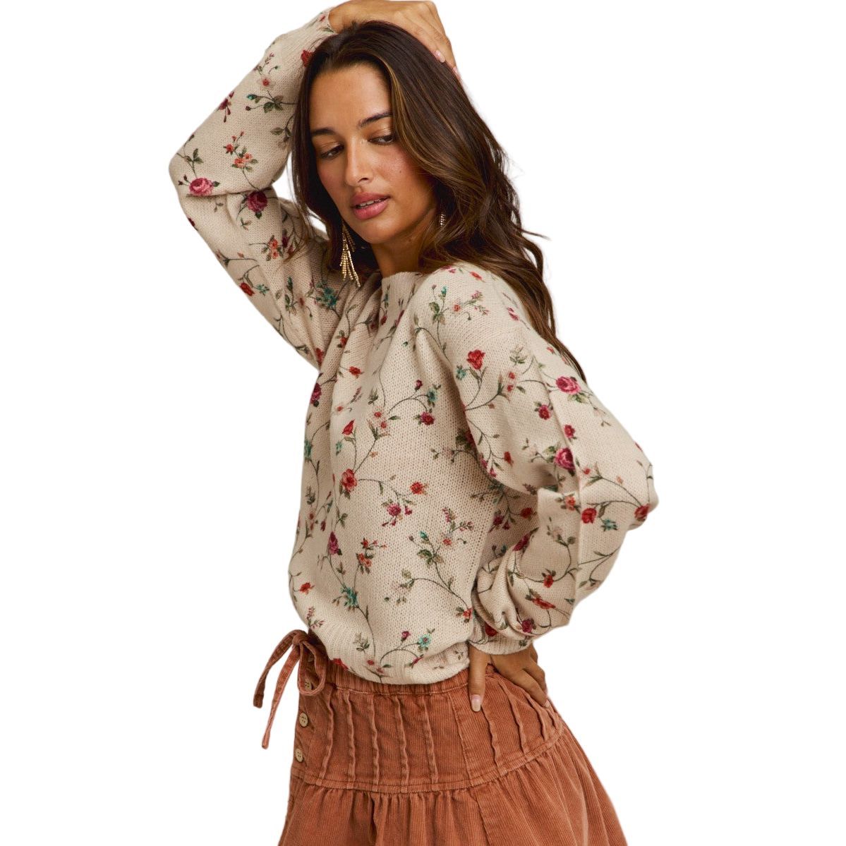 Women's Floral Print Crewneck Sweater Knit Top ST3678F-01