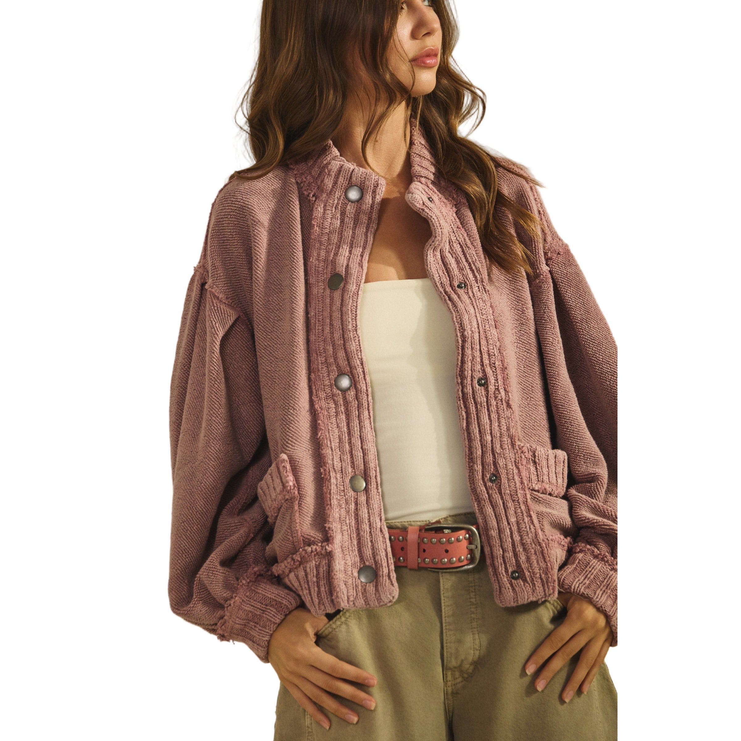 Women's Washed Vintage Ribbed Knit Trim Cardigan Jacket DJ3019-01