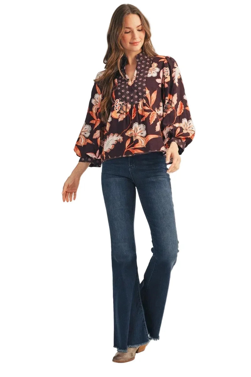 Women's Jodifl Brown Puff Sleeves Floral Fabric Mix Top