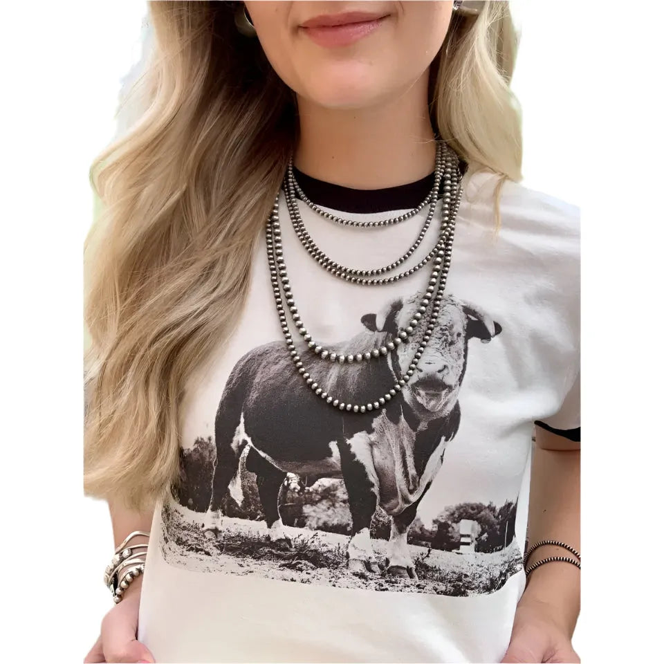 Women's White and Black "The Horned Bull Ringer Tee" - Crazy House Western Wear