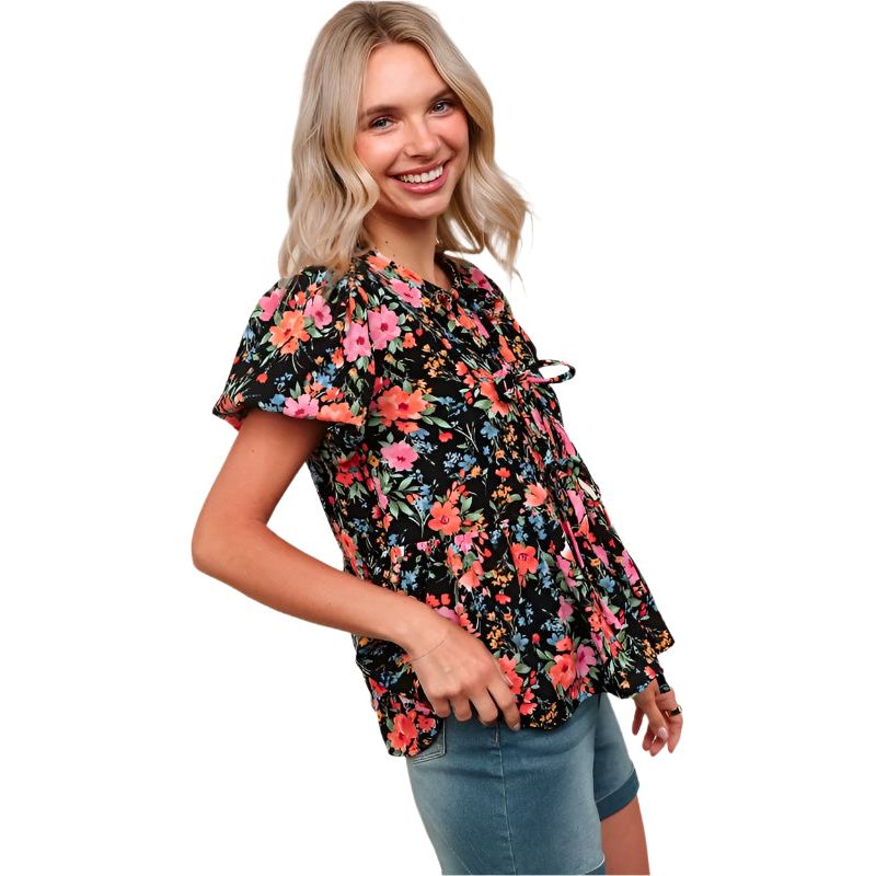 Women's Floral Woven Blouse With Front Ribbon Bow Tie HT4947M - Crazy House Western Wear
