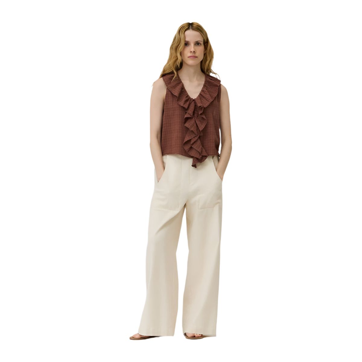 Women's Brown Ruffle Sleeveless Top 42100