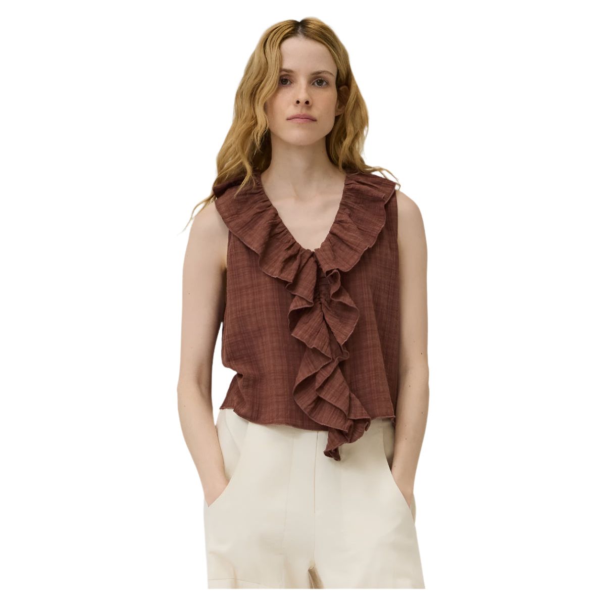 Women's Brown Ruffle Sleeveless Top 42100