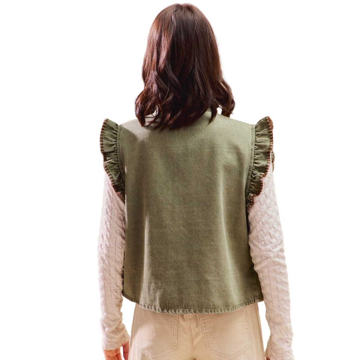 Women's Olive Washed Denim Stitch Ruffled Hidden Button Vest Top