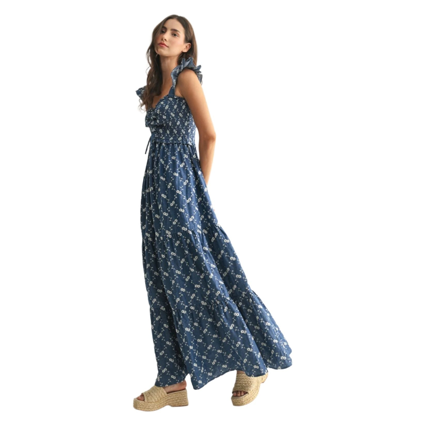 Women's Denim Floral Maxi Dress - Crazy House Western Wear