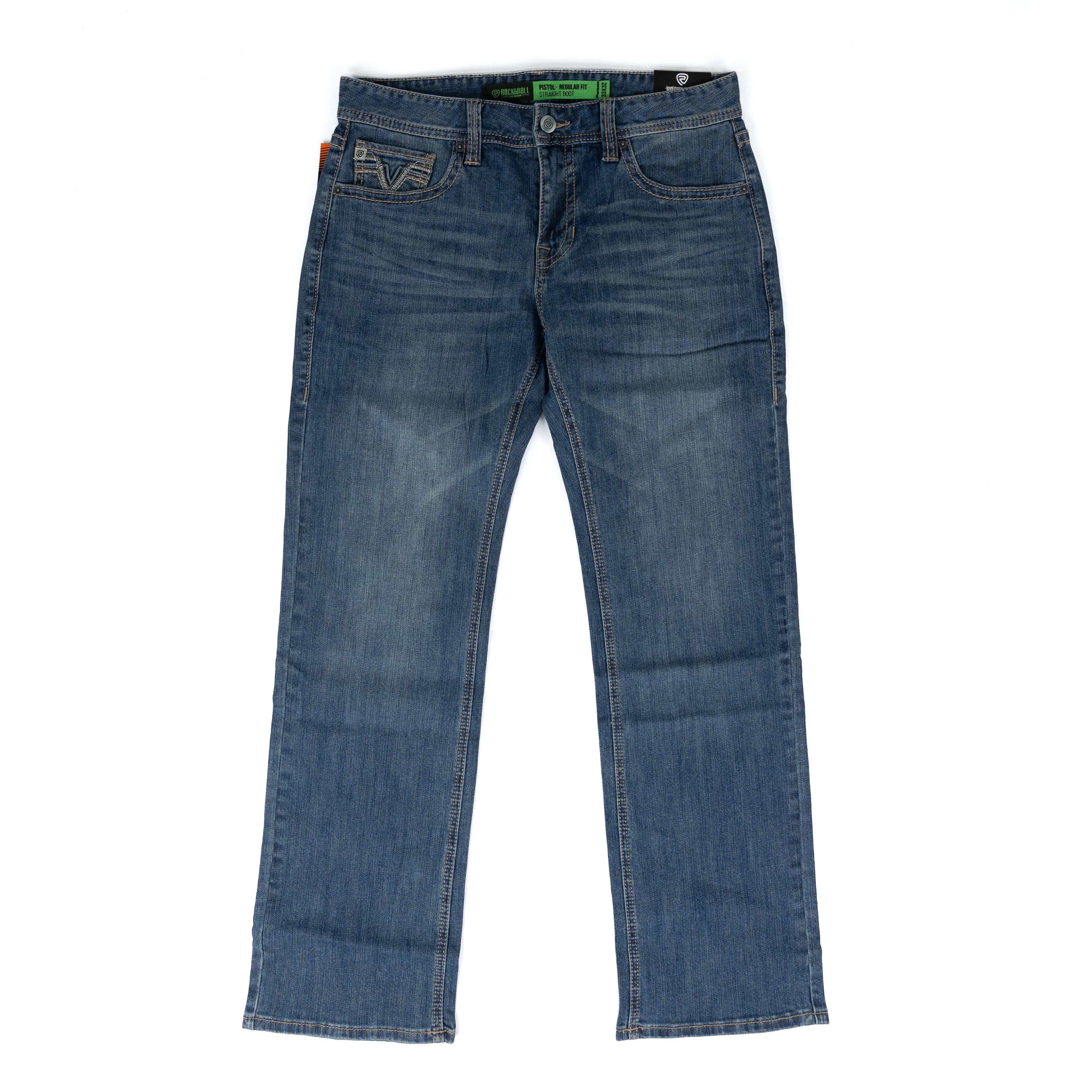 Men's Rock and Roll Mid Wash Pistol Straight Boot Cut Jeans BM1PD09117