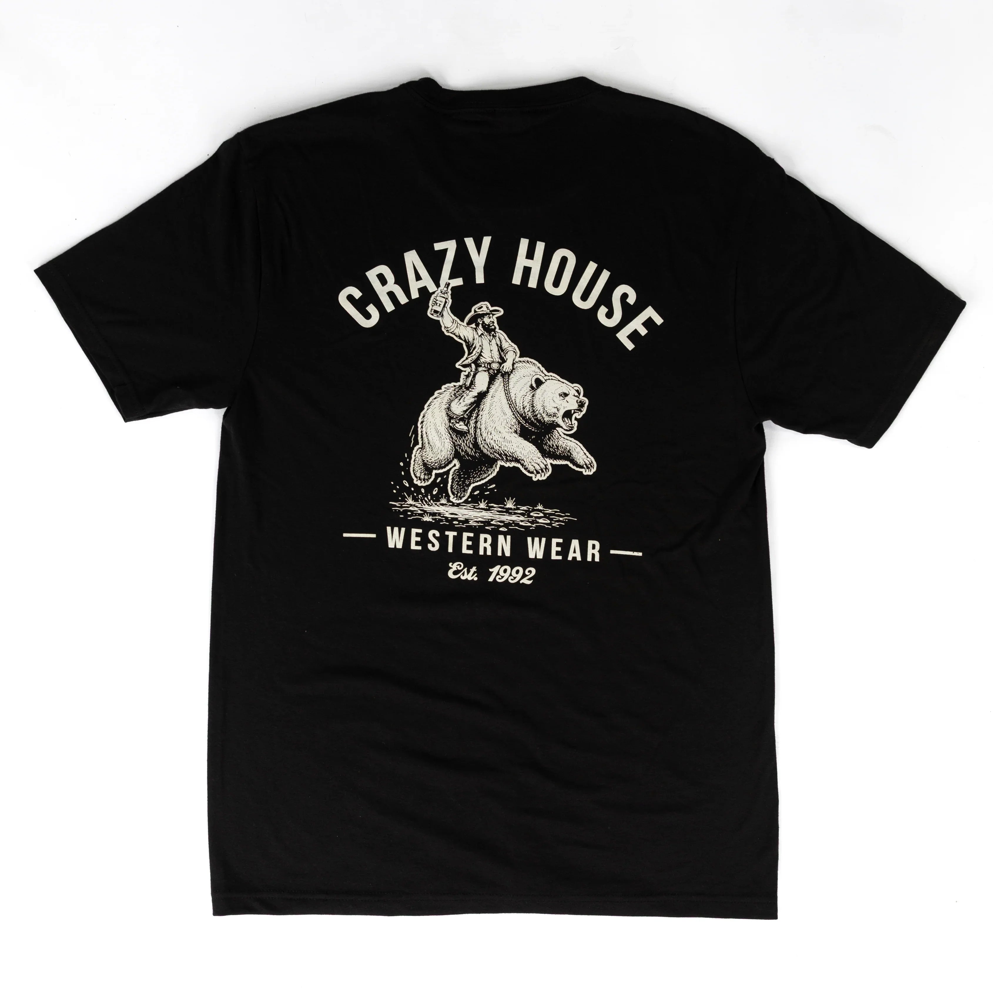 Crazy House Short Sleeve Black Cowboy Riding Bear T-shirt