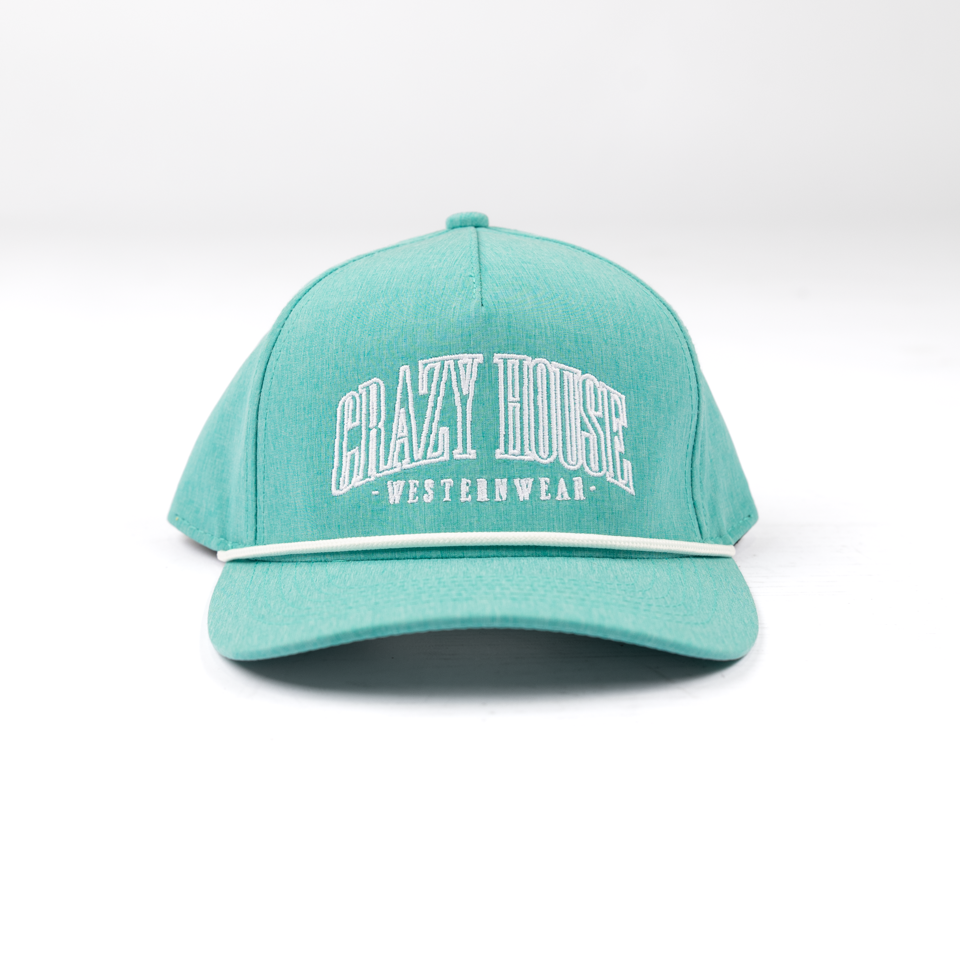 Crazy House Heather Teal Cap with White Stitching and Rope
